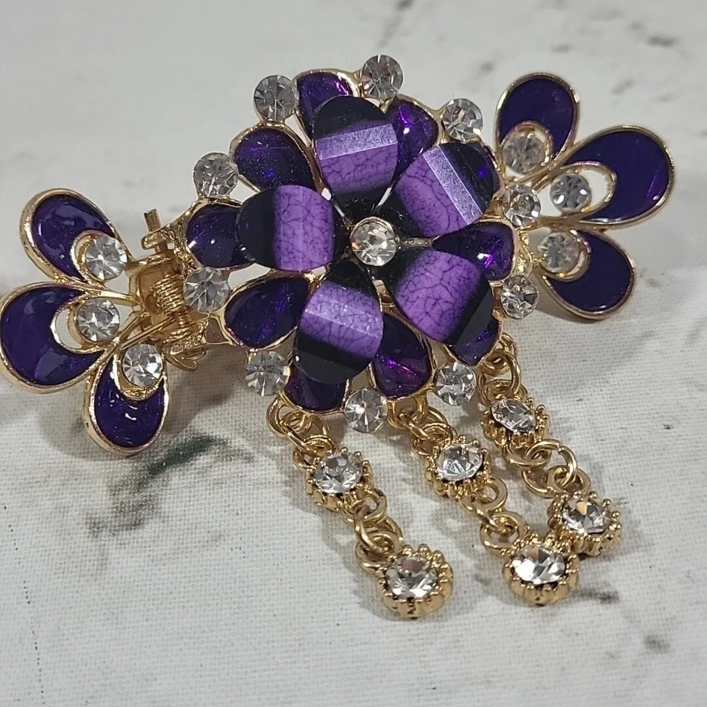 Jeweled Hair Clip‎ Purple 3D Floral Rhinestone Crab Pony Tail Bun Barrette